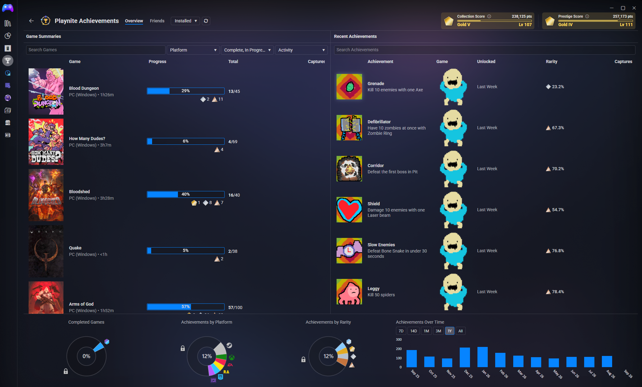 Screenshot of the Playnite Achievements panel in Playnite, listing recently played titles and recent achievements.