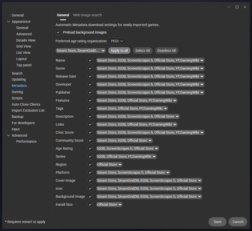 Screenshot of the metadata settings in Playnite as I've set them up.