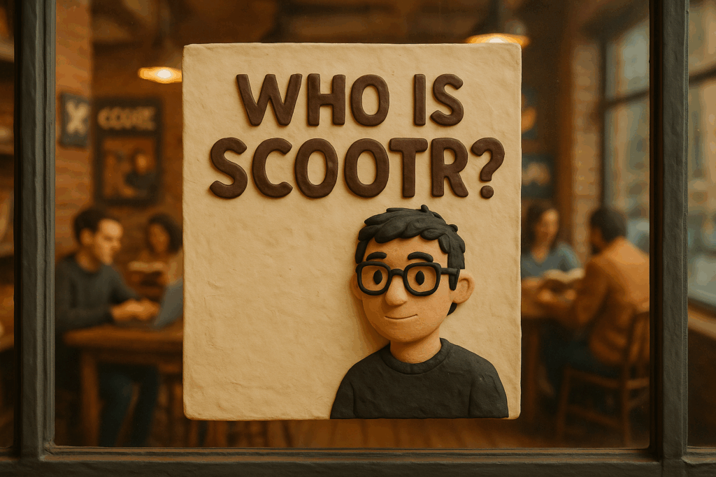 Notice on the wall of a cafe that says 'who is scootr?'