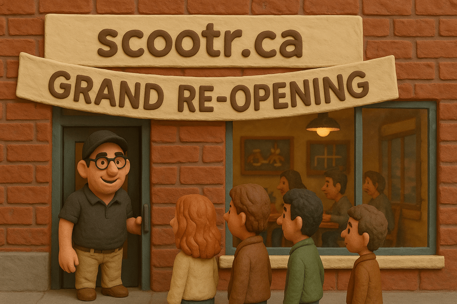 scootr reopening his 'cafe', with a banner that reads 'scootr.ca - grand re-opening' above the door as he welcomes guests.